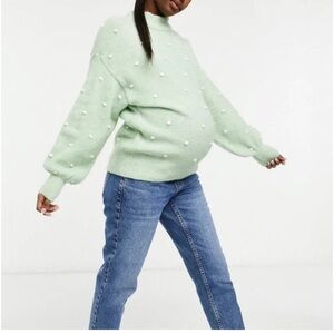 ASOS Maternity Mint Green Sweater with white polka dots and puff sleeves
